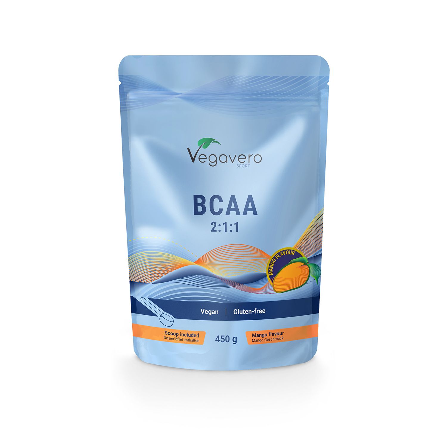 Busta di polvere BCAA. Scritta: Vegavaro, BCAA 2:1:1, Mango Flavour, Vegan, Senza glutine. Include un misurino. Peso: 450 g.