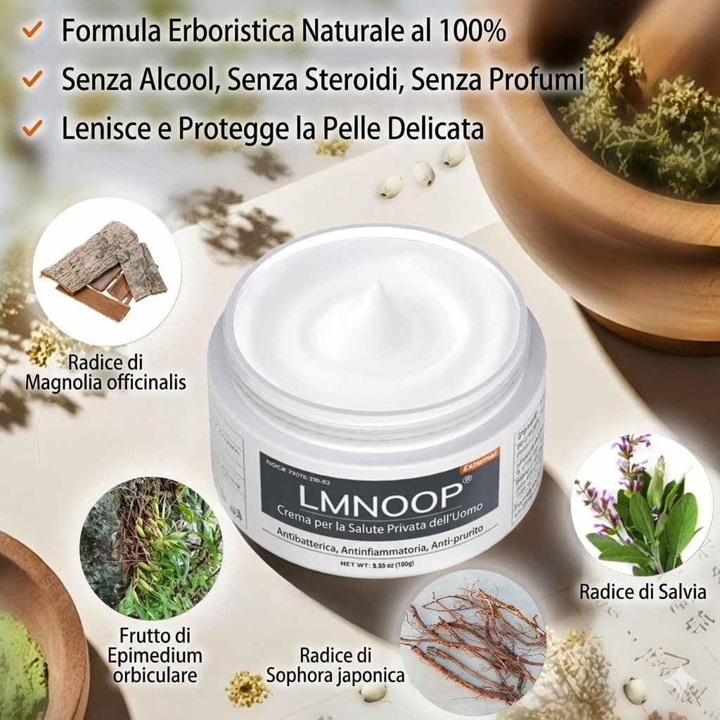 Vasetto di crema bianco. Testo: "LMNOOP Crema per la salute privata dell'uomo". Testo: Formula erboristica naturale al 100%, senza alcol, steroidi, profumi.