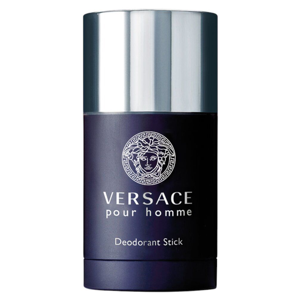 Stick deodorante con tappo argentato. Logo e testo "VERSACE pour homme" e "Deodorant Stick".