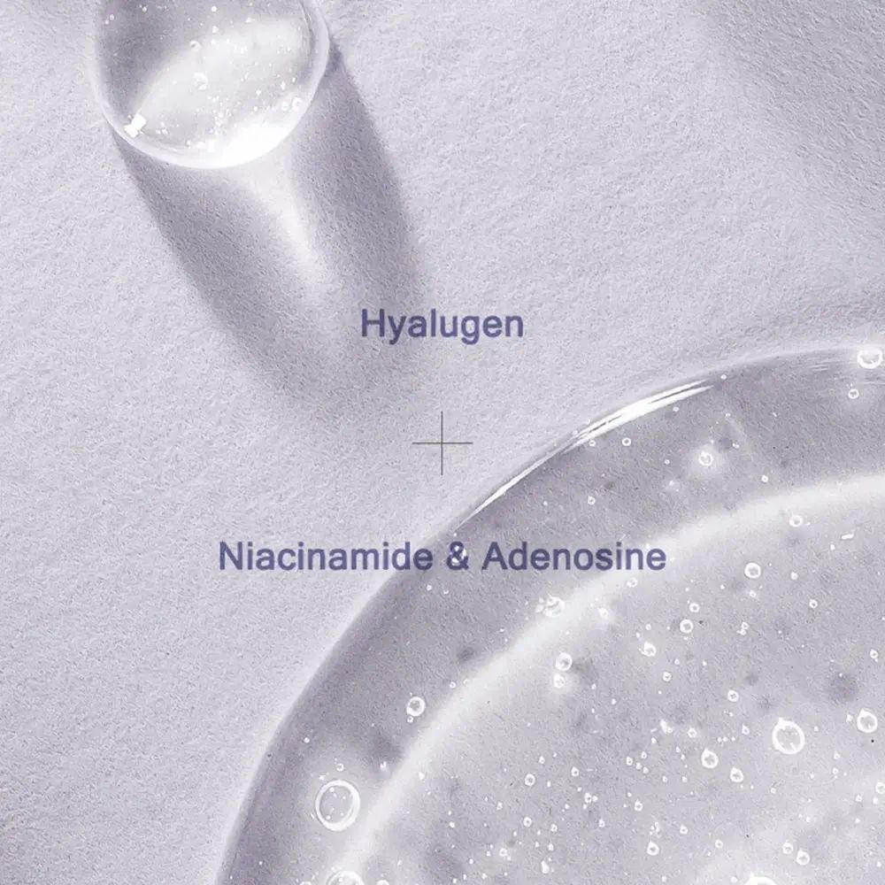 Primo piano di liquido. Testo: Hyalugen + Niacinamide & Adenosine.