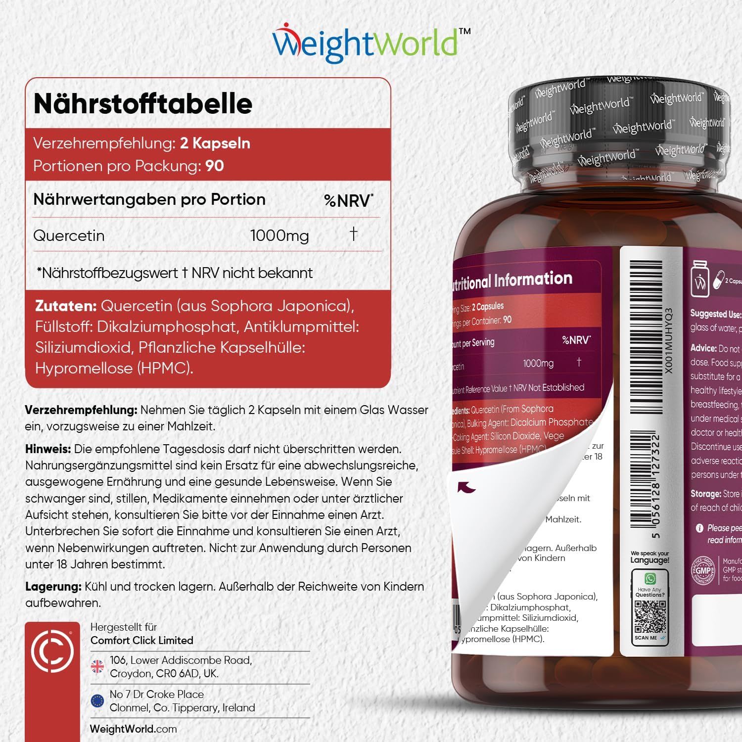 Tabella nutrizionale. Testo: Quercetina 1000mg. Ingredienti: Quercetina, eccipiente, antiagglomerante, capsula vegetale. Avvertenze di conservazione.