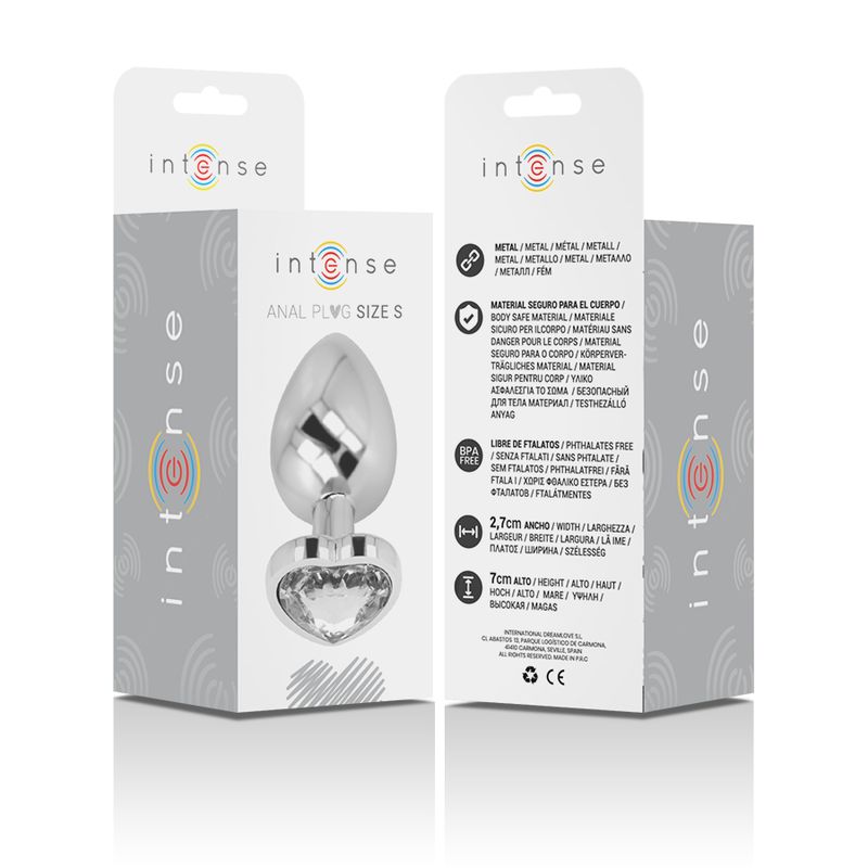 Confezione con anal plug. Nome prodotto 'Intense'. Cristallo a forma di cuore, metallo.
