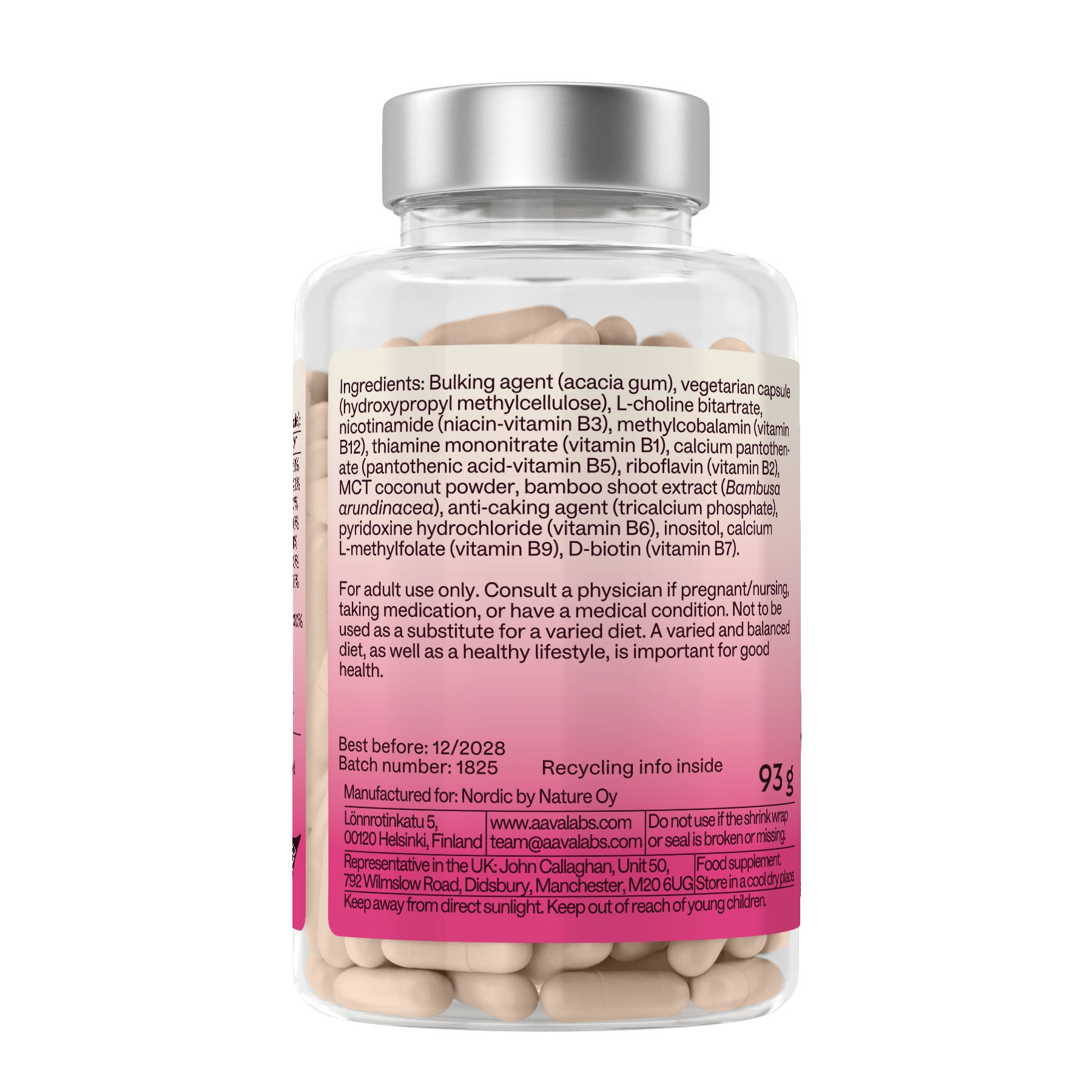 Retro del flacone con ingredienti e informazioni. AAVALABS Vitamin B Komplex. Etichetta rosa.