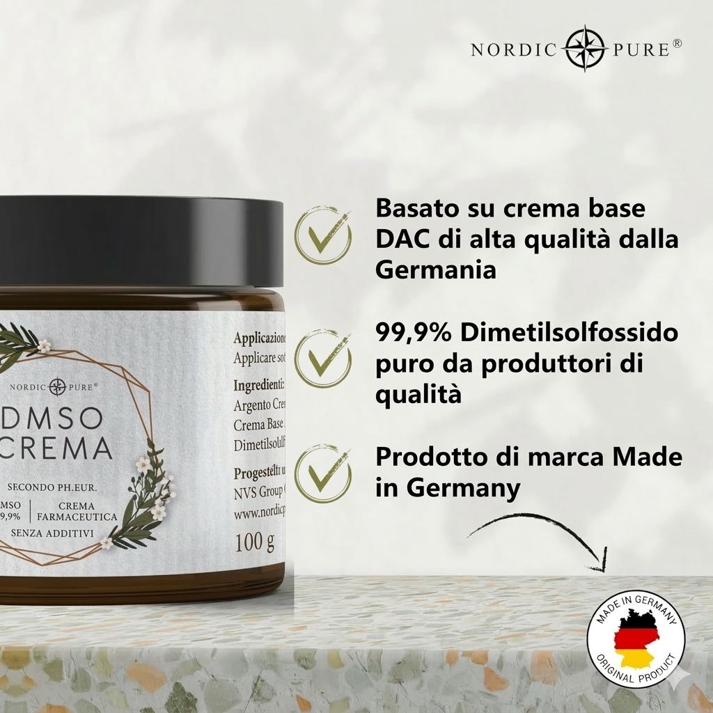 Donna in camice bianco con una pianta. Testo: 100% Amore, 100% Vegano, Senza test sugli animali, Fatto in Germania. Logo: Nordic Pure.