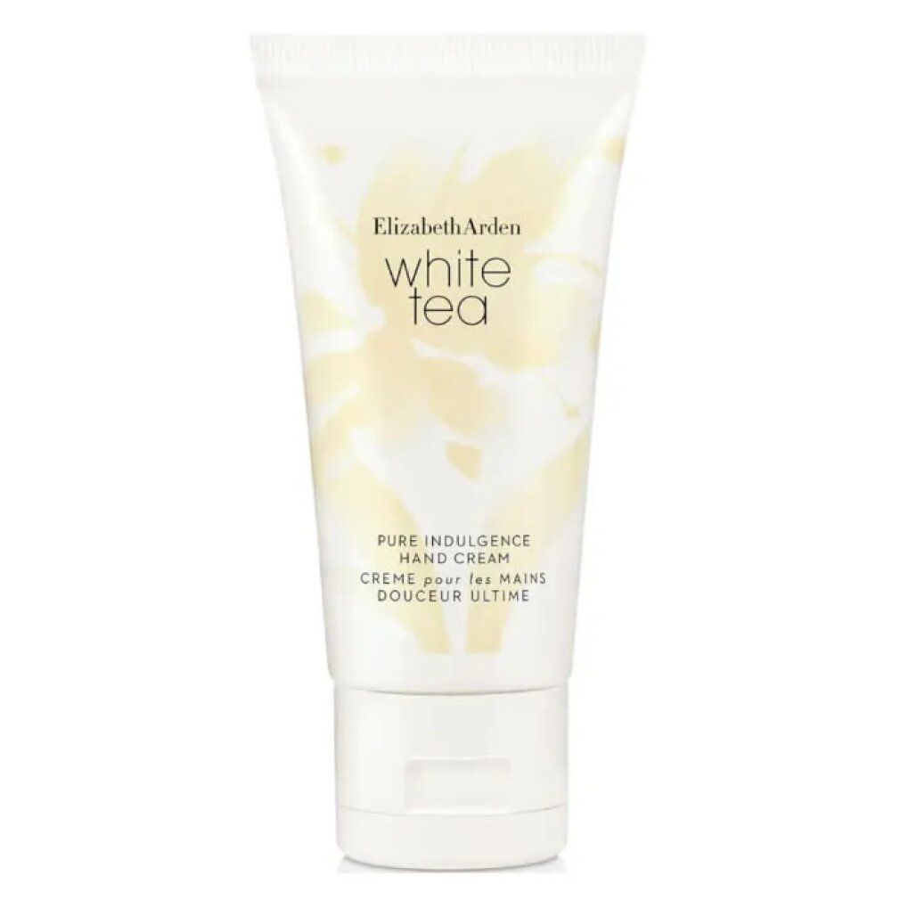 Tubo bianco di crema mani. Scritta: Elizabeth Arden White Tea, Pure Indulgence Hand Cream. Motivo floreale. Contenuto netto.