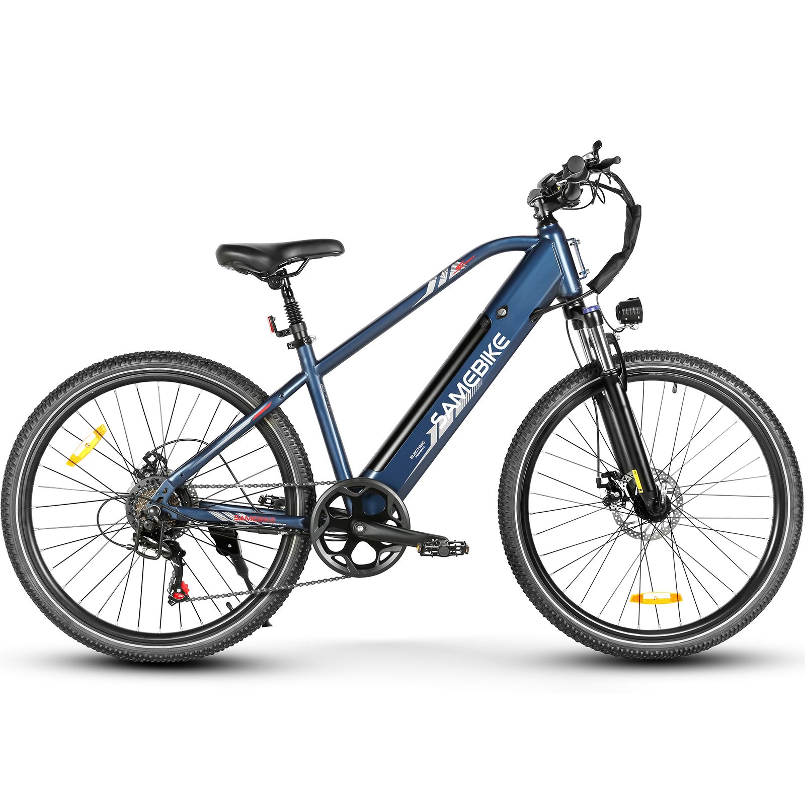 E-MTB blu. Marchio SAMEBIKE. Pneumatici, sella e manubrio neri. Riflettori gialli. Freni a disco.