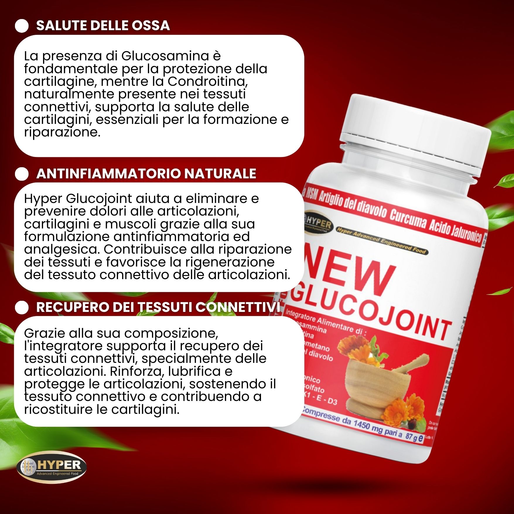 Flacone bianco con etichetta. Testo: NEW GLUCOJOINT. Ingredienti: Artiglio del diavolo, Curcuma, acido ialuronico, ecc. Sezioni di testo.