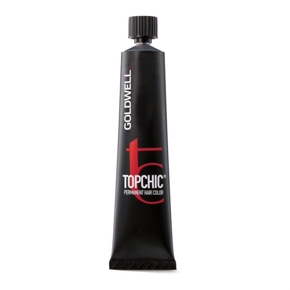 Tubo di colore Goldwell Topchic. Tubo nero con testo rosso. Nome del prodotto e marchio visibili.