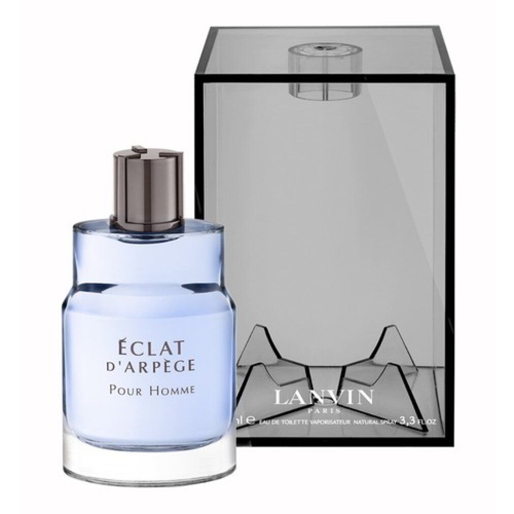 Flacone di profumo e confezione trasparente. Scritta: ÉCLAT D'ARPÈGE Pour Homme. Marchio: LANVIN. Tappo argentato.