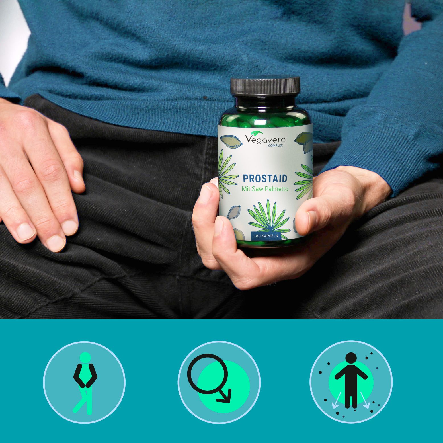 Persona che tiene in mano un flacone. Scritta: PROSTAID Mit Saw Palmetto. 180 capsule. Logo Vegavaro. Tre pittogrammi in basso.