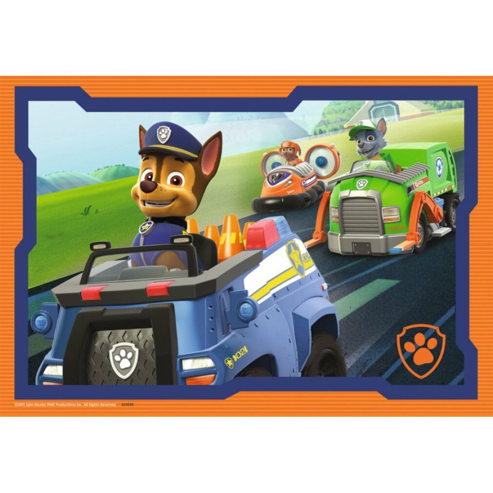 Pezzo di puzzle con motivo Paw Patrol. Chase in auto della polizia, seguito da altri veicoli. Cornice arancione con impronta di zampa.