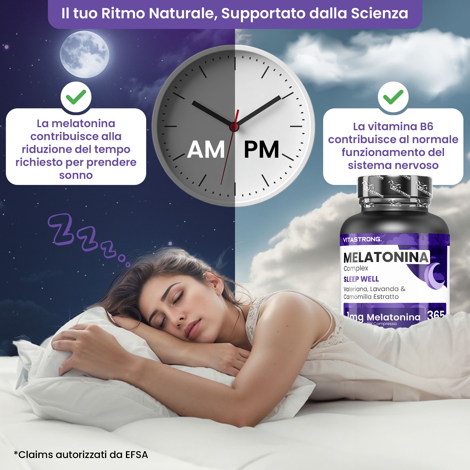 Uomo con valigia. Aeroporto. Testo: La melatonina aiuta il jet lag. Sfondo viola.