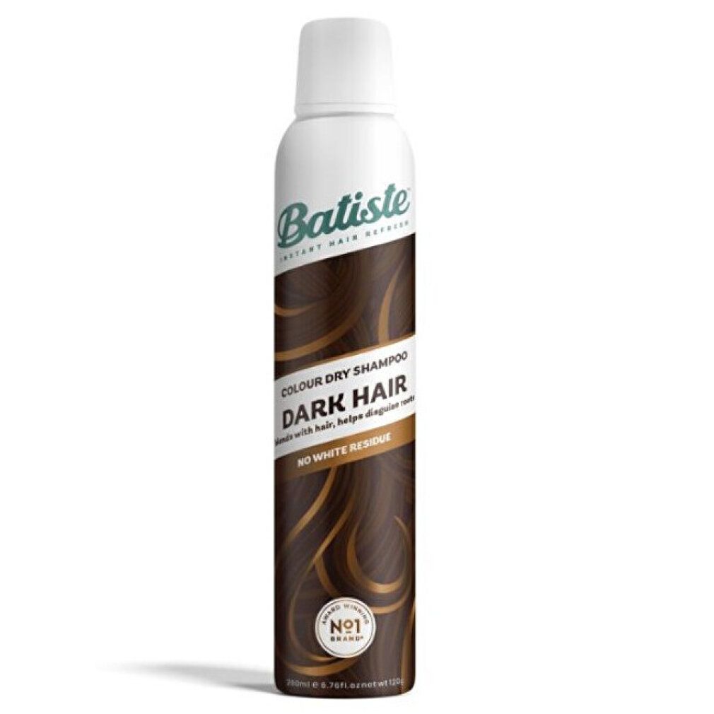 Batiste shampoo secco per capelli scuri. Flacone bianco con capelli castani. Testo: Dark Hair, No White Residue.