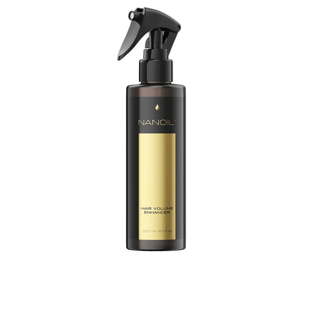 Flacone marrone con erogatore spray nero. Scritta: NANOIL, HAIR VOLUME ENHANCER. Striscia dorata sul davanti.