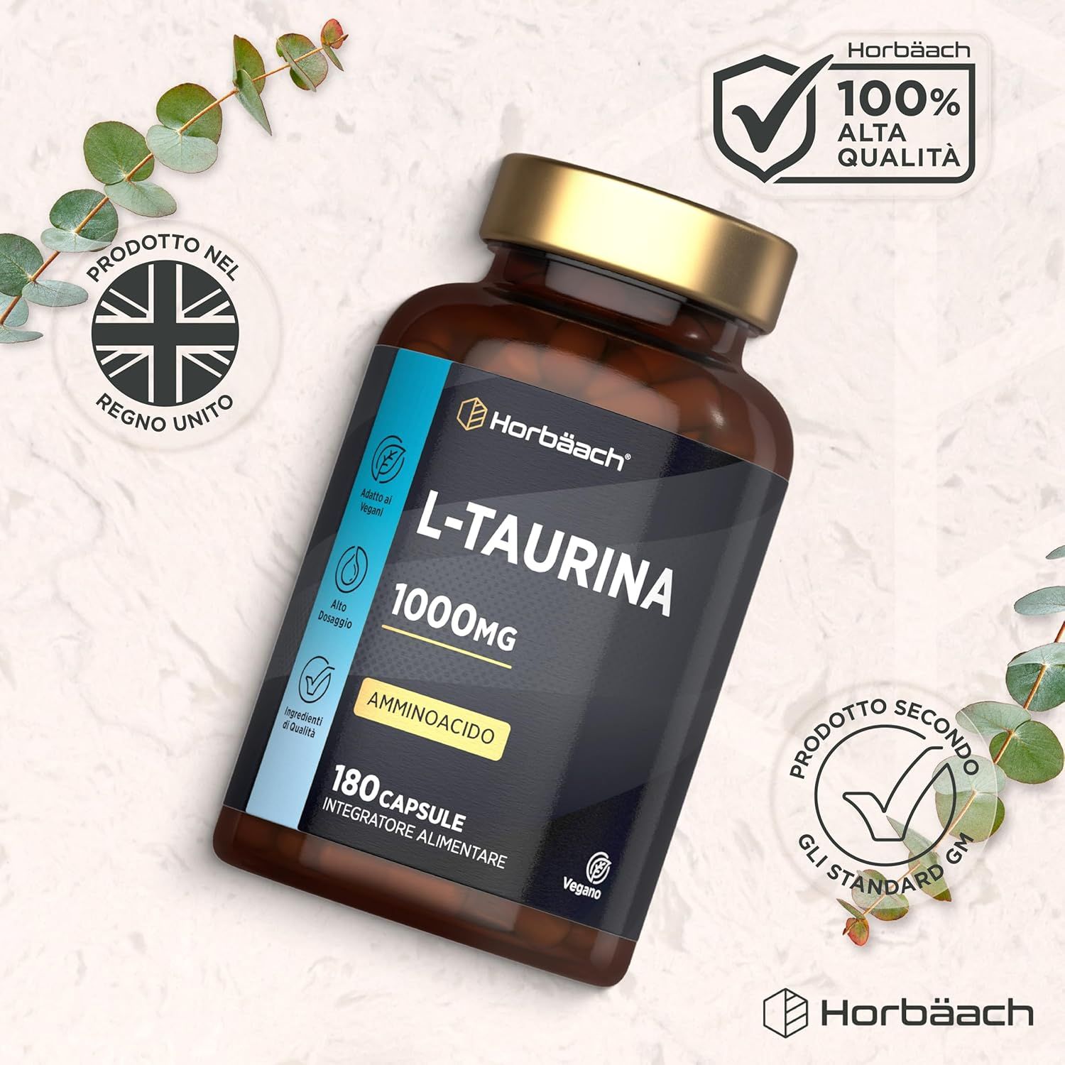 Flacone marrone con capsule. Scritta: L-TAURINA 1000mg. 180 capsule. Aminoacido. Vegano. 100% alta qualità. Prodotto nel Regno Unito.