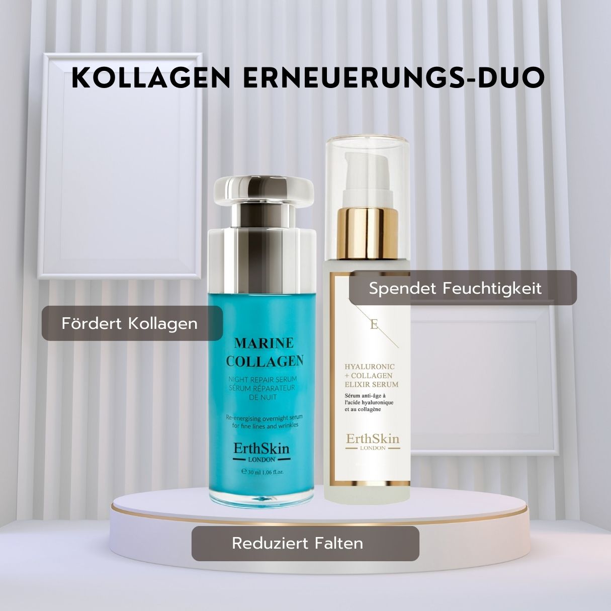 Duo rigenerante al collagene ErthSkin London: Siero riparatore notturno al collagene marino e siero elisir acido ialuronico + collagene.