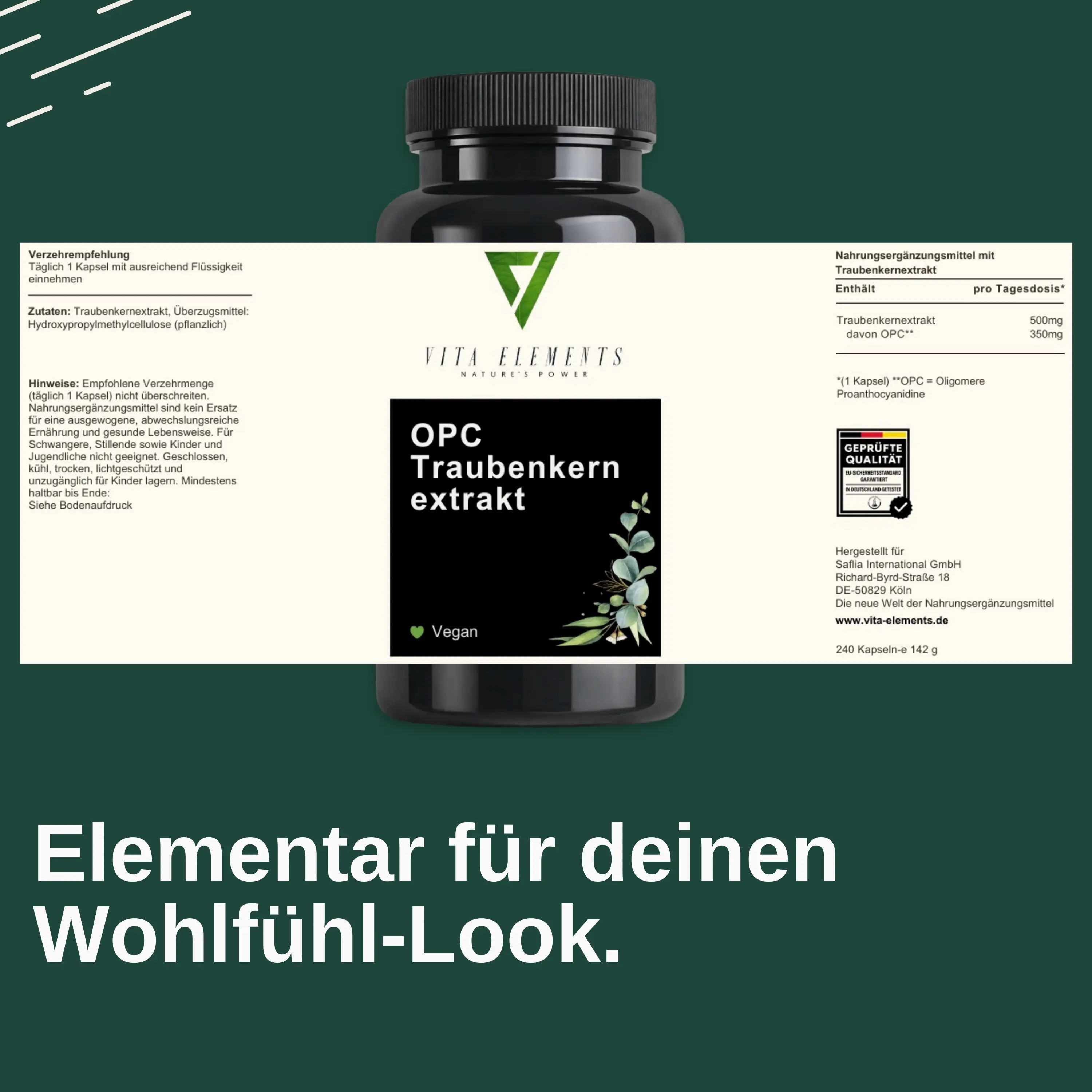 Etichetta del barattolo Vita Elements OPC estratto di semi d'uva con informazioni nutrizionali e sigilli. "Qualità" e "Vegan".