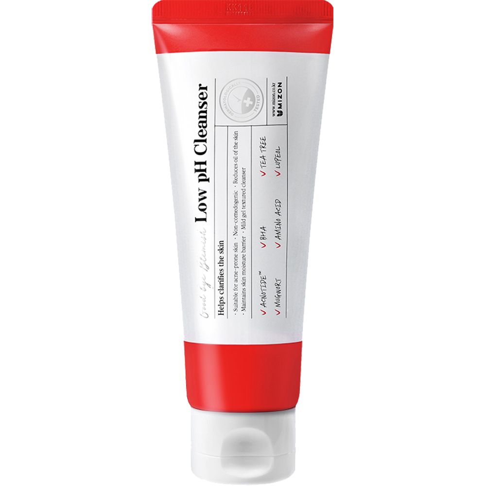 Tubo bianco e rosso 'Low pH Cleanser'. Contiene BHA e Tea Tree. Prodotto MIZON.