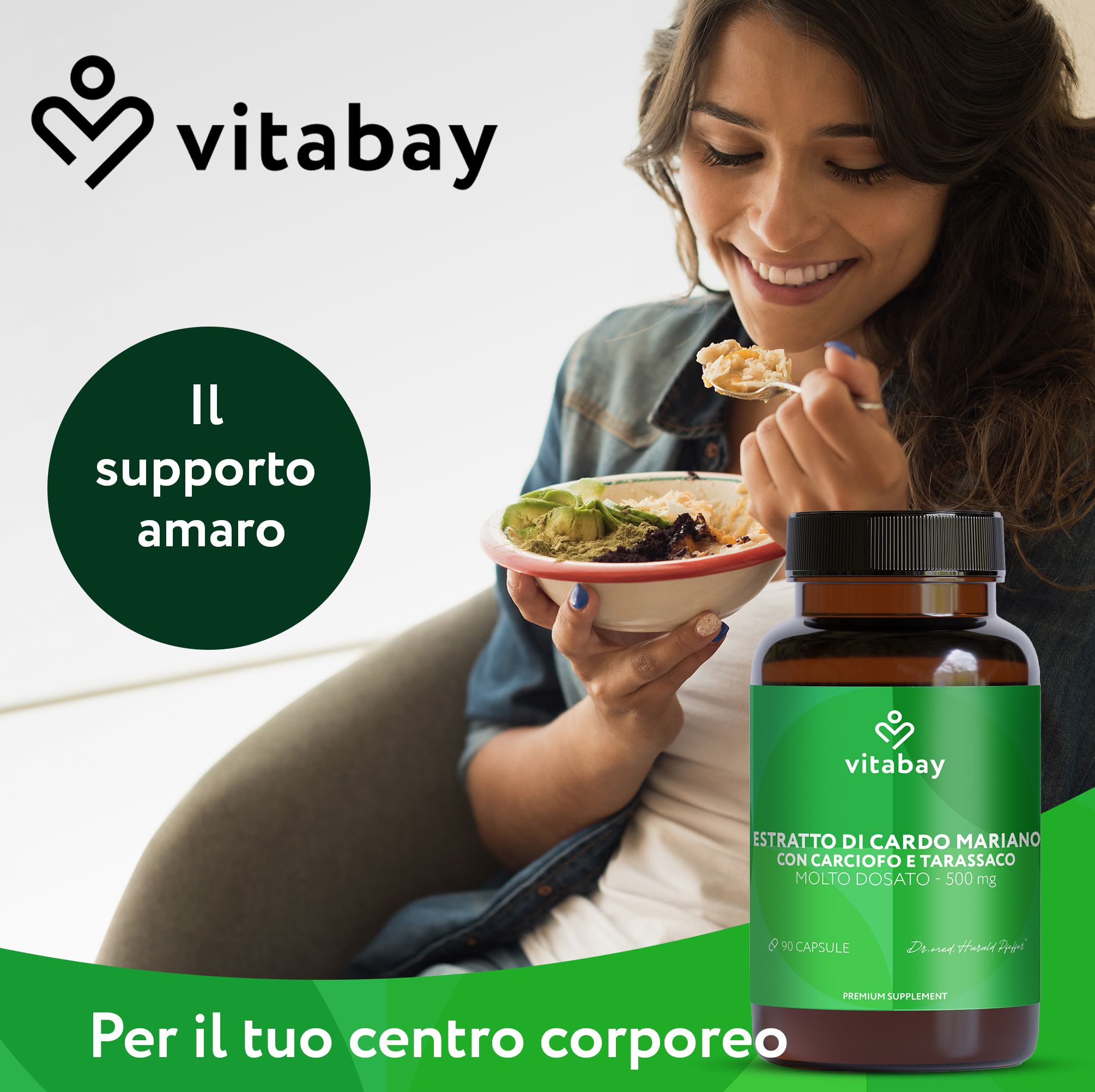 Donna mangia. Flacone marrone con capsule. Testo: Estratto di cardo mariano. Logo Vitabay.
