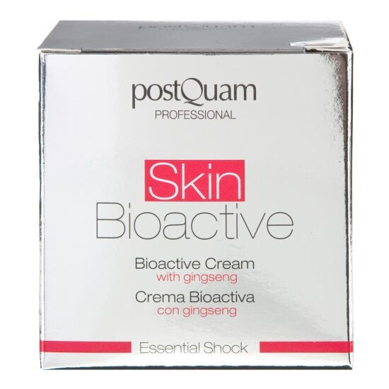 Scatola quadrata con logo "postQuam PROFESSIONAL" e "Skin Bioactive" in rosso. Testo: "Bioactive Cream with ginseng".