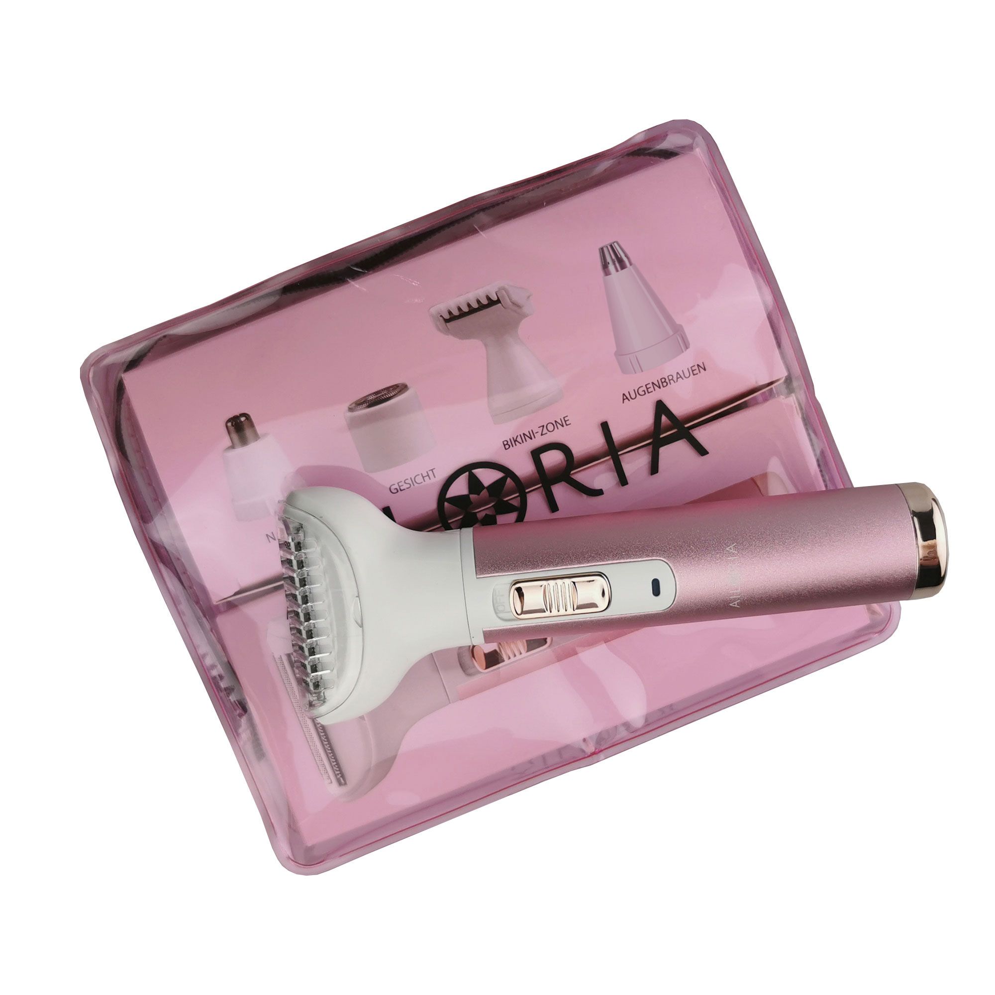 Set rasoio in una custodia trasparente. Rasoio rosa con accessori. Logo AILORIA visibile.