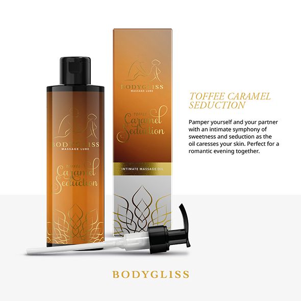 Flacone e confezione. Scritta: BodyGliss, Toffee Caramel Seduction, Intimate Massage Oil. Con dispenser.
