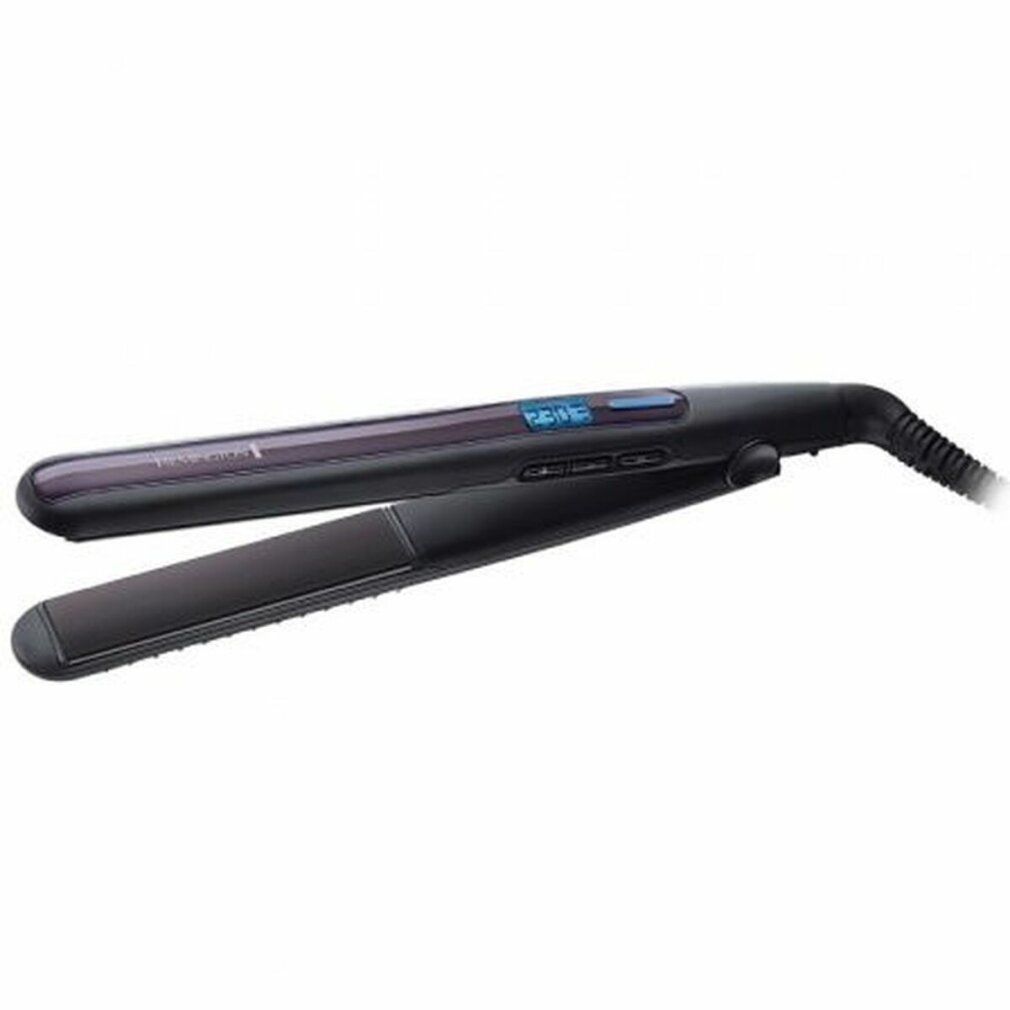 Piastra per capelli nera con display digitale. Marchio Remington visibile. Cavo di alimentazione.