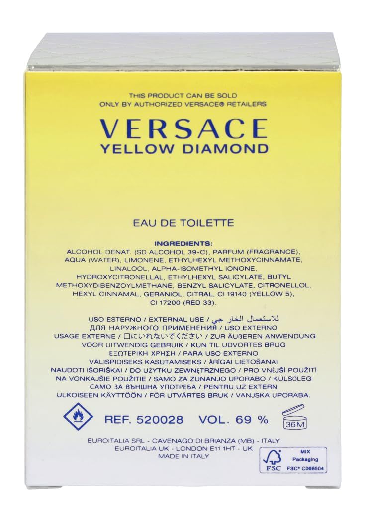 Retro della confezione Versace Yellow Diamond Eau de Toilette. Ingredienti, avvertenze, informazioni produttore.