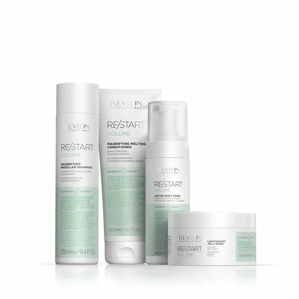 Quattro prodotti per capelli. Testo: Revlon Re/Start Volume. Shampoo, balsamo, schiuma, maschera. Diverse dimensioni.