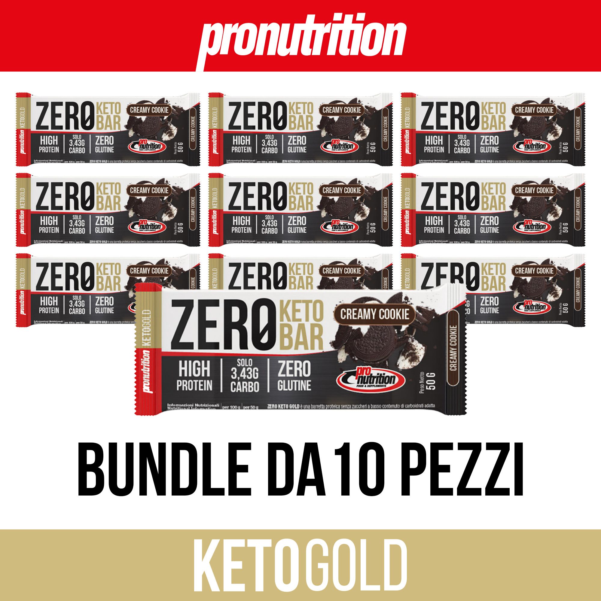Confezione di barrette proteiche. Scritta: Zero Keto Bar, Creamy Cookie, High Protein, Zero Carbo, Zero Glutine. Confezione da 10.