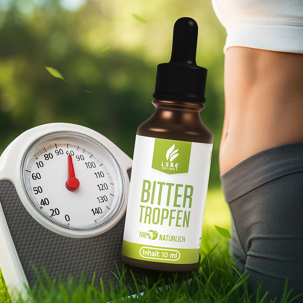 Bilancia e flacone "Bitter Tropfen" su prato. Donna sullo sfondo. Foglie verdi.
