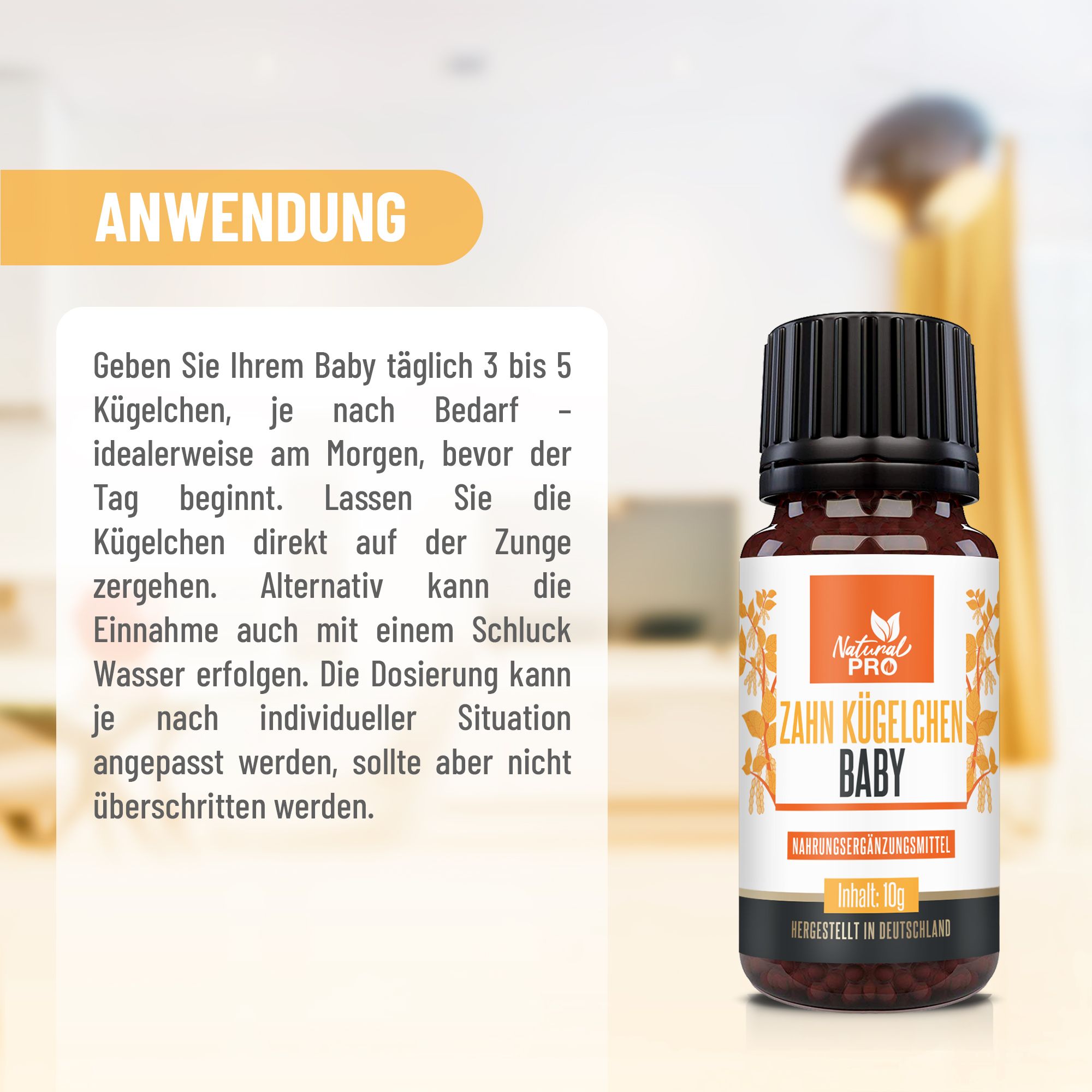 Istruzioni per l'uso di Zahn Kügelchen Baby. Testo su sfondo chiaro con flacone del prodotto sullo sfondo.