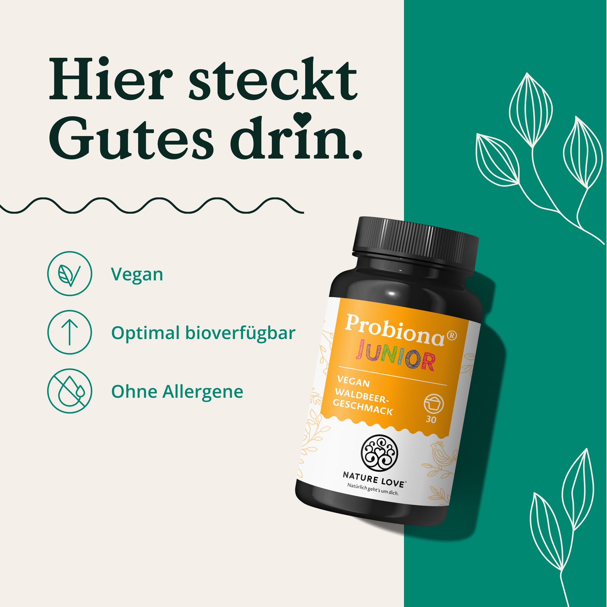 Barattolo Probiona Junior, con sigilli: Vegano, Ottimamente biodisponibile, Senza allergeni.