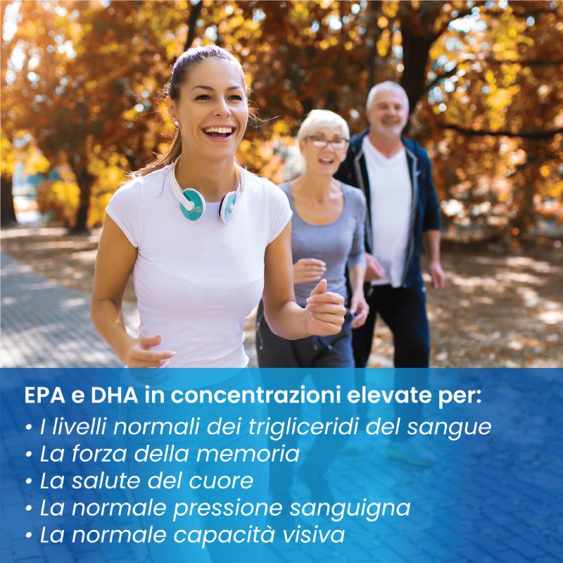 Tre persone fanno jogging nel parco. Testo: EPA e DHA per trigliceridi, memoria, salute del cuore, pressione sanguigna, vista.