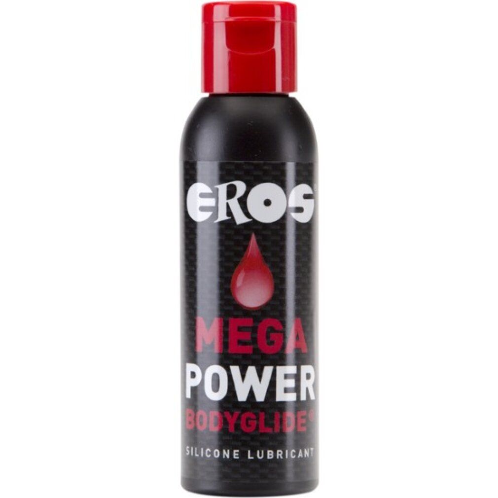 Flacone nero con tappo rosso. Scritta: EROS, MEGA POWER BODYGLIDE. Gel lubrificante al silicone.