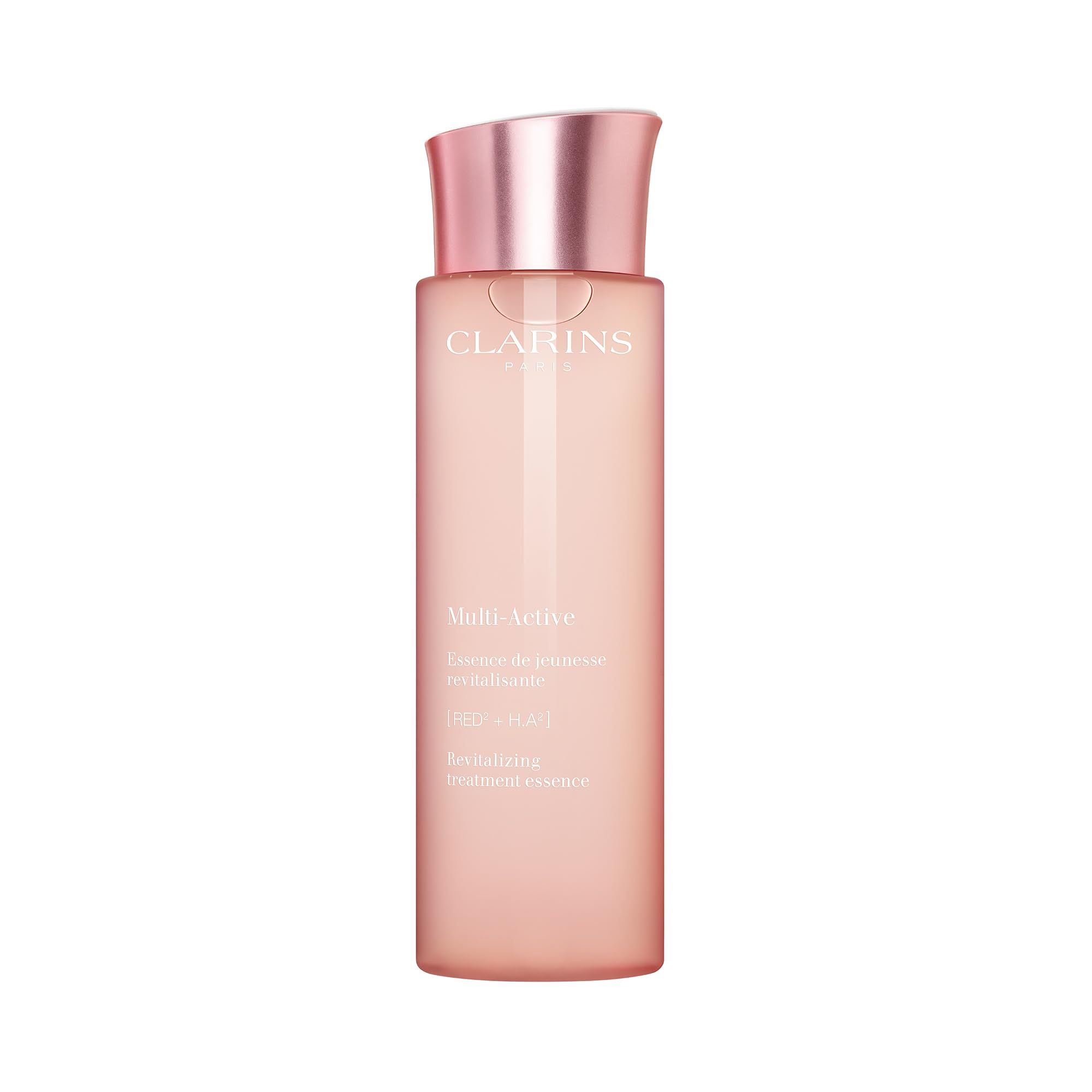 Flacone rosa con tappo argentato. Scritta: Clarins, Multi-Active, Essence de jeunesse revitalisante.