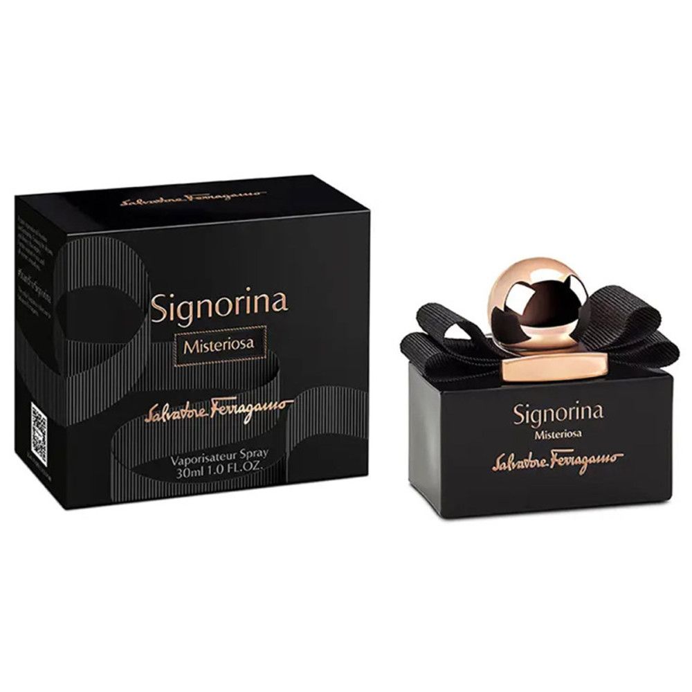 Flacone e confezione neri Signorina Misteriosa. Tappo e fiocco dorati. Marchio: Salvatore Ferragamo. 30 ml.