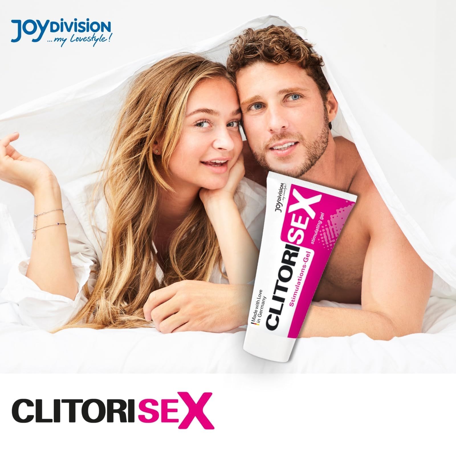 Scatola di gel stimolante Clitorisex, rosa e bianco, con ingredienti.