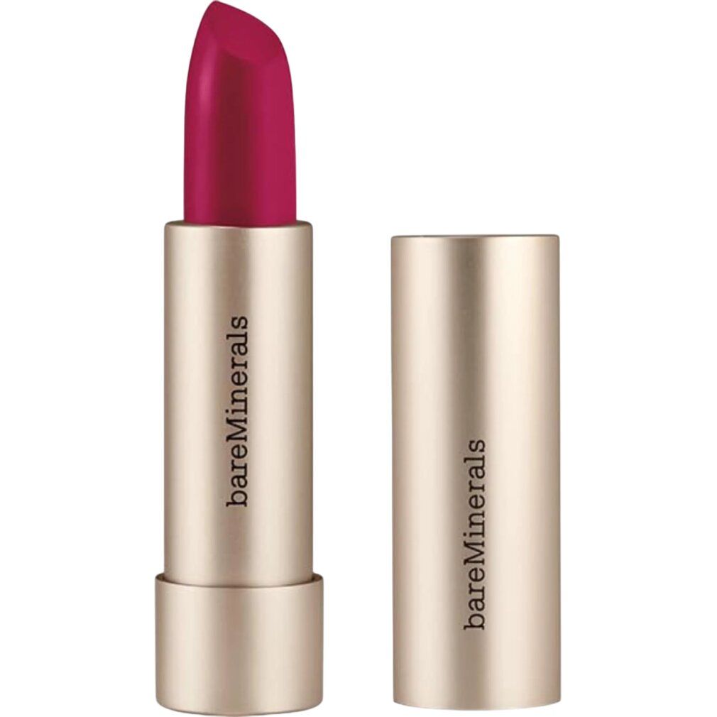 Rossetto aperto in astuccio dorato. Visibile: rossetto rosso. 'bareMinerals' è scritto sull'astuccio.