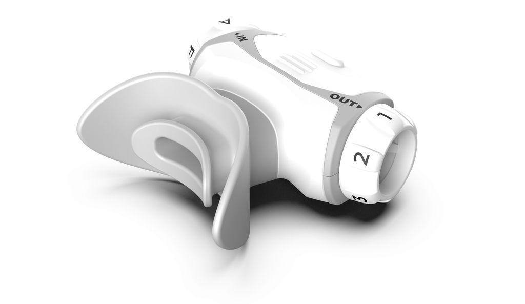 Allenatore respiratorio bianco-grigio, boccaglio e manopole. Scritte: Airofit, IN, OUT, numeri e lettere.