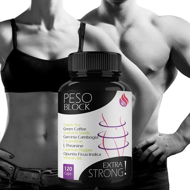 Flacone nero di capsule davanti a una coppia. Scritta: PESO BLOCK, EXTRA STRONG. Contiene tè verde, L-carnitina e vitamina B6. 120 capsule.