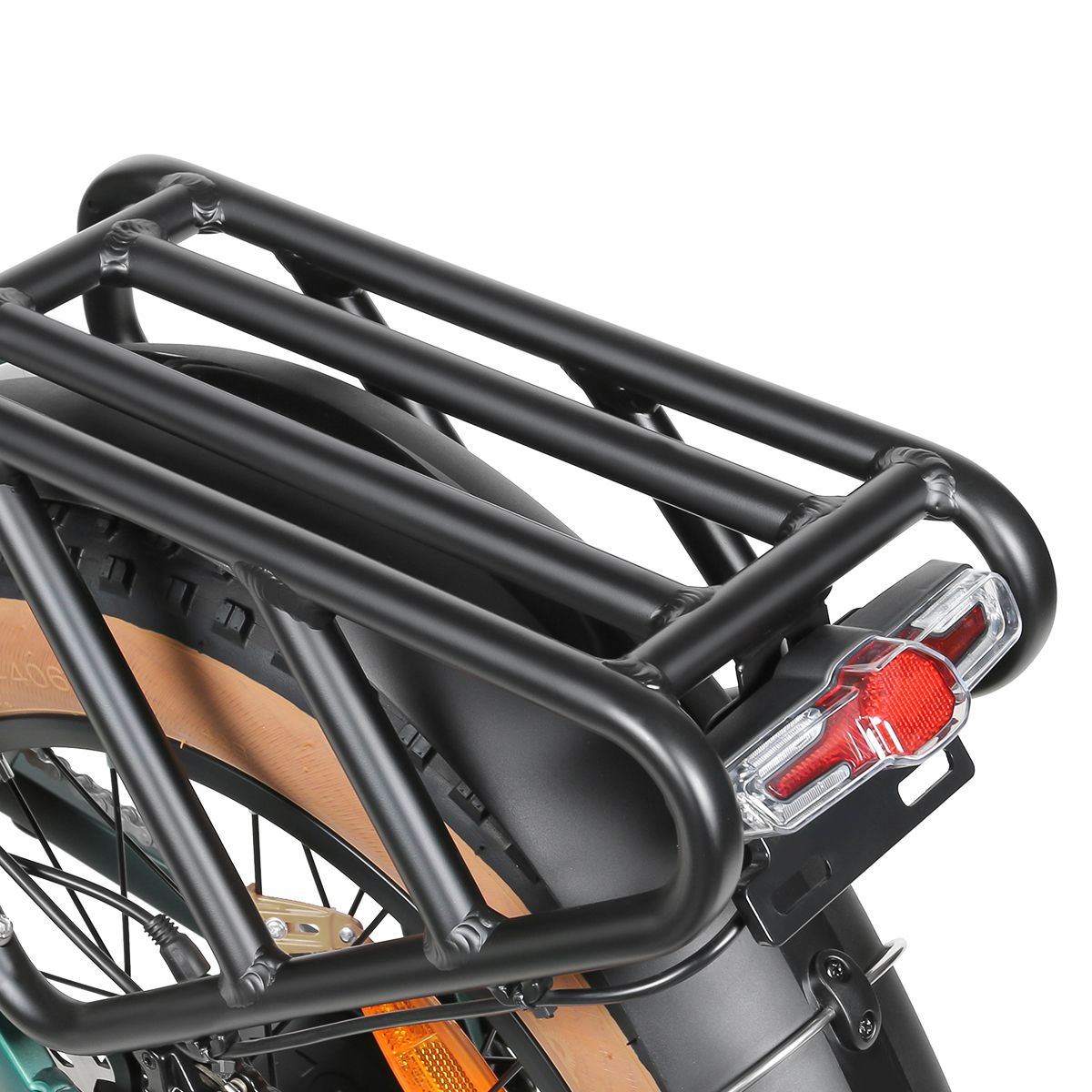 Portapacchi con fanale posteriore. Telaio in metallo nero. Fanale posteriore rosso.