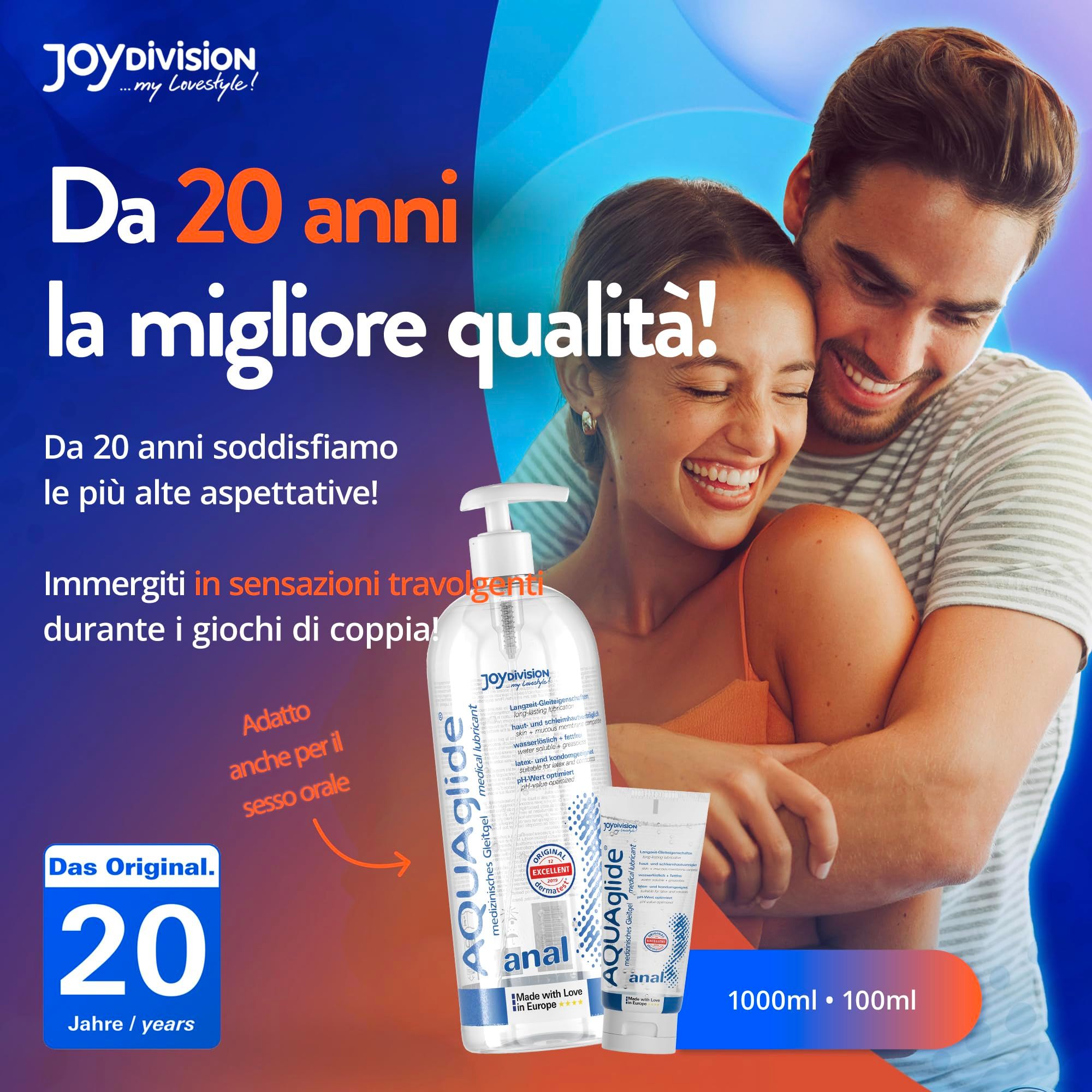 Gel lubrificante anale AQUAglilde e tubo con una coppia sorridente sullo sfondo.