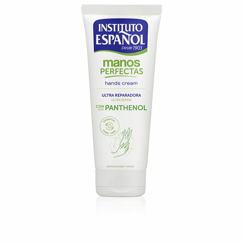 Tubo bianco con etichetta blu e verde. Scritta: Instituto Español, Manos Perfectas, Ultra Reparadora, con Panthenol.
