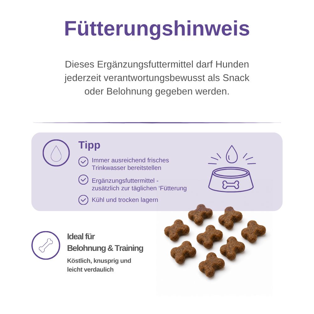 Istruzioni per l'alimentazione degli snack per cani Immune Support con consigli e snack per cani.