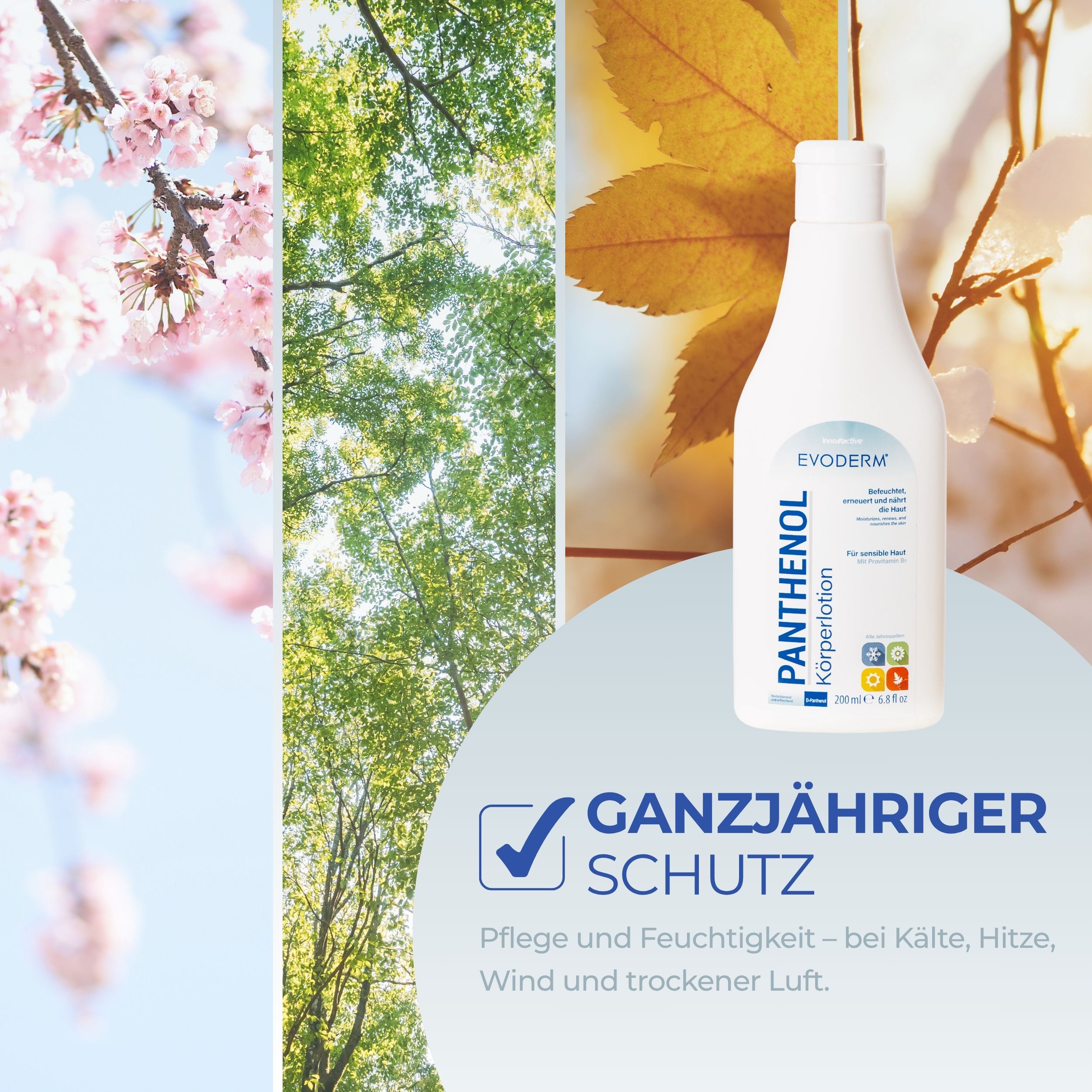 EVODERM Panthenol lozione corpo. Flacone davanti a uno scenario naturale. Testo: Protezione tutto l'anno. Cura e idratazione.