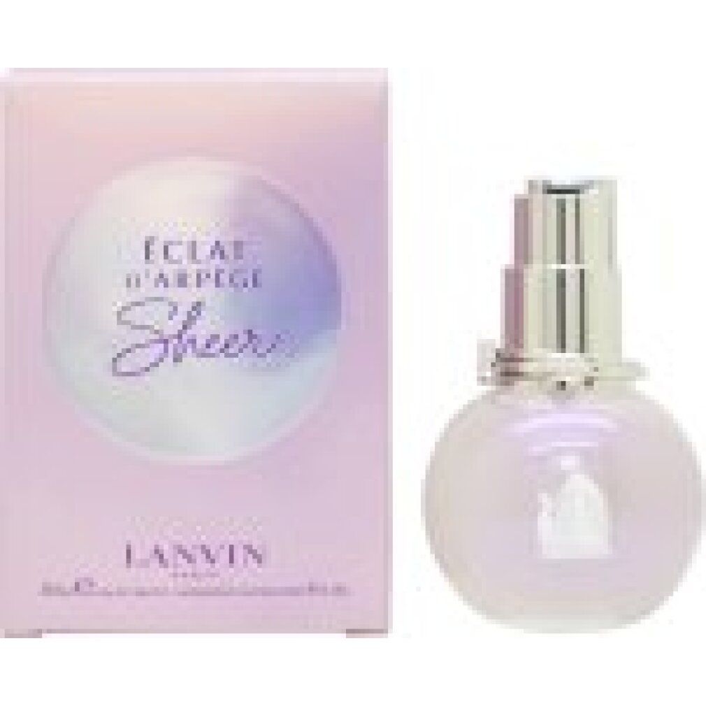 Scatola rosa e flacone. "Éclat d'Arpège Sheer" e "Lanvin" sulla scatola. Il flacone è rotondo e ha un vaporizzatore argentato.