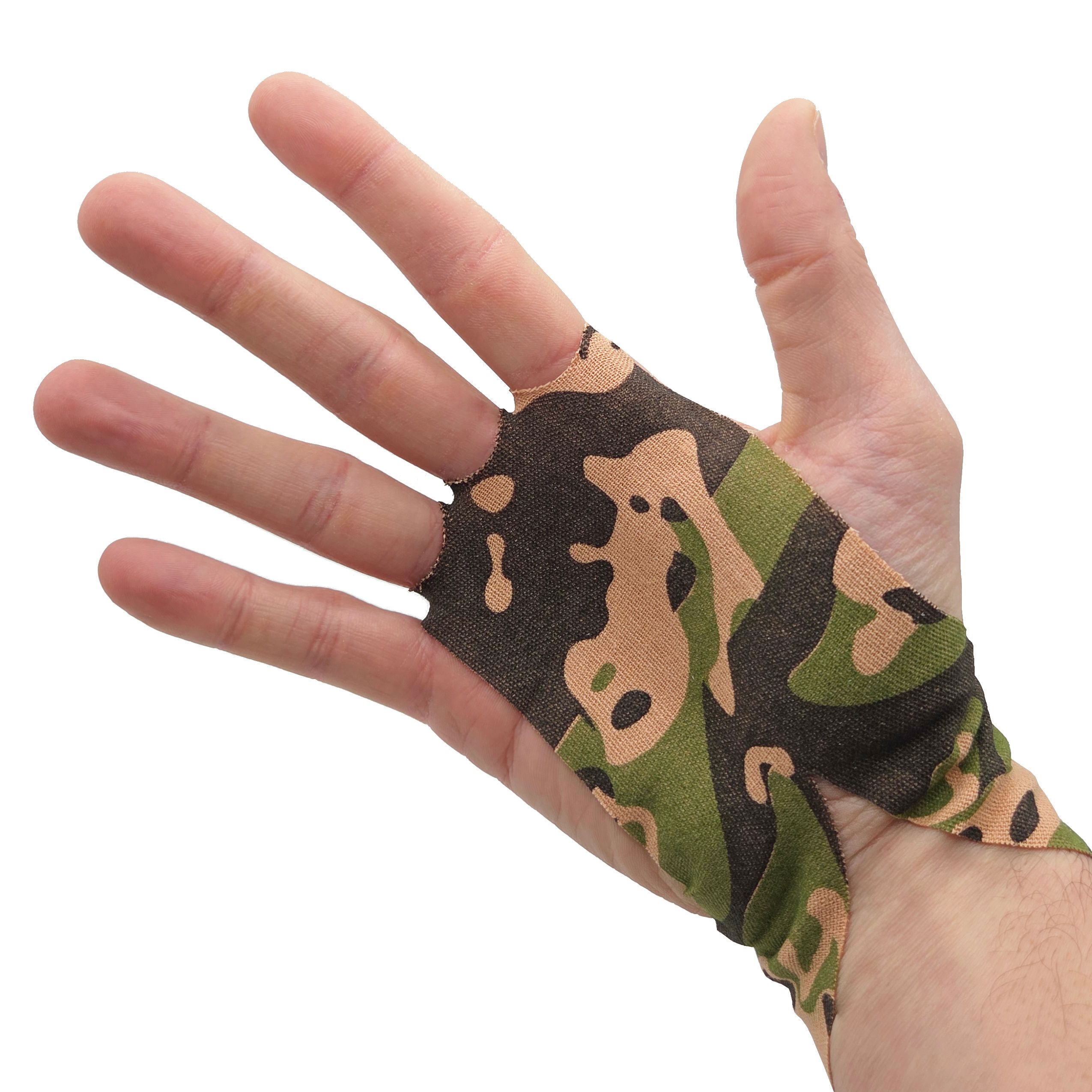 Mano con nastro mimetico che copre il palmo e si avvolge attorno al polso.