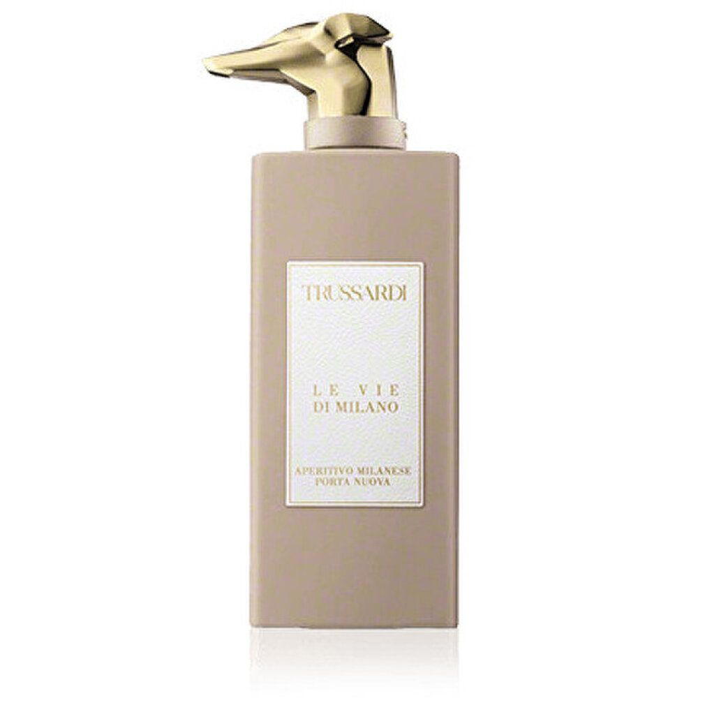 Flacone Trussardi Le Vie Di Milano Eau de Parfum con tappo dorato a forma di testa di animale, vista leggermente angolata.
