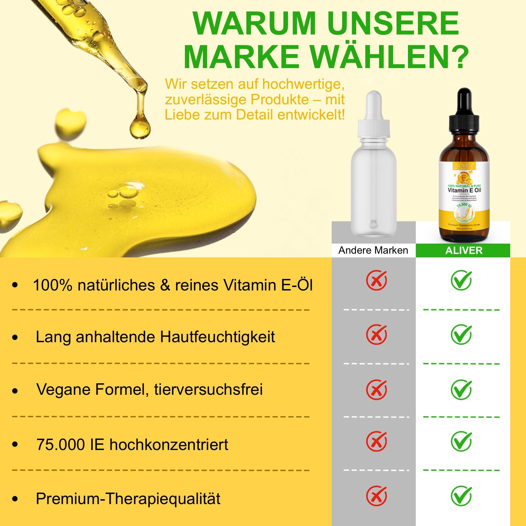 Confronto dell'olio di vitamina E ALIVER con altri marchi. Testo: Perché scegliere il nostro marchio? Vantaggi: 100% naturale, vegano, ecc.